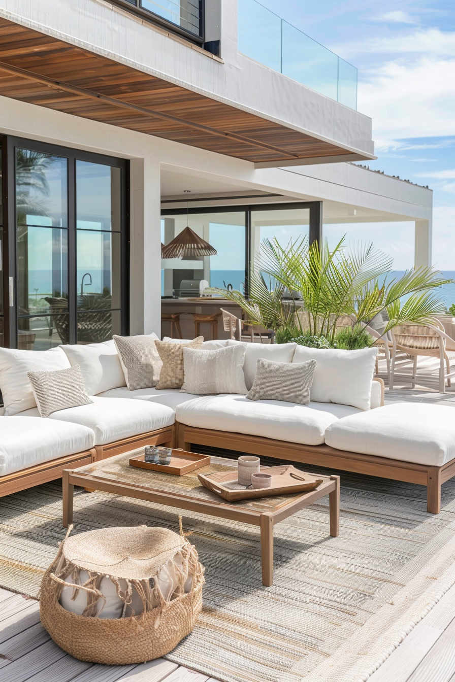 Outdoor connection with weather-resistant furniture and coastal colors