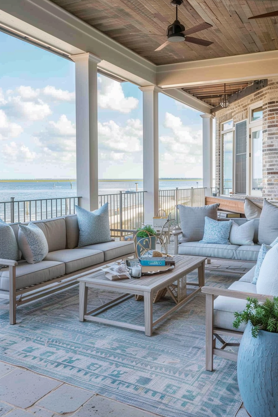 Outdoor connection with weather-resistant furniture and coastal colors
