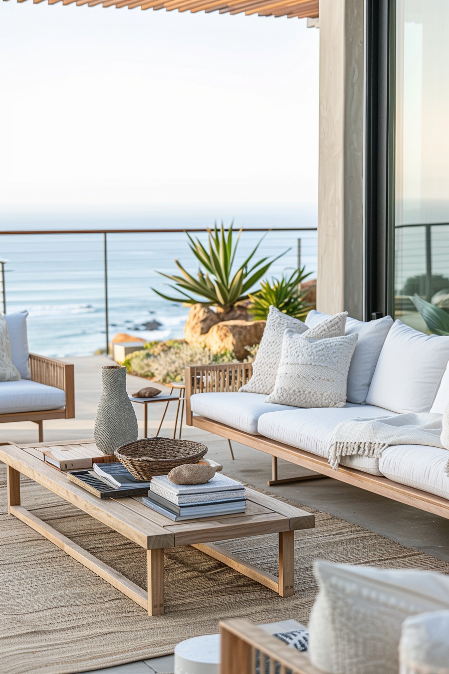 Outdoor connection with weather-resistant furniture and coastal colors