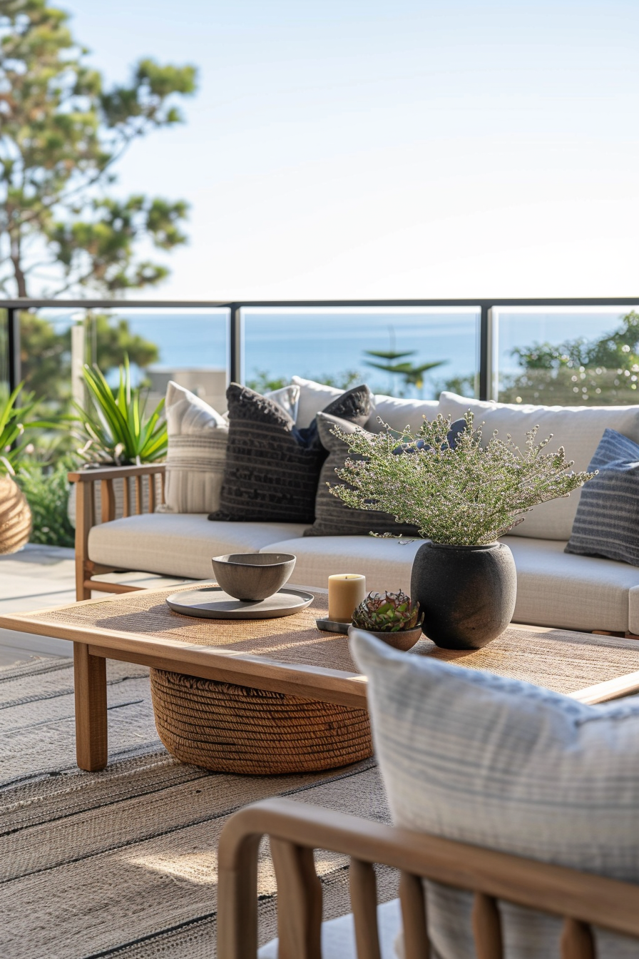 Outdoor connection with weather-resistant furniture and coastal colors
