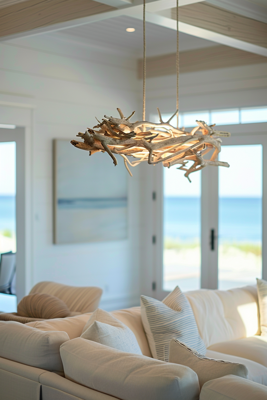 Layered lighting with airy linen shades and modern sconces