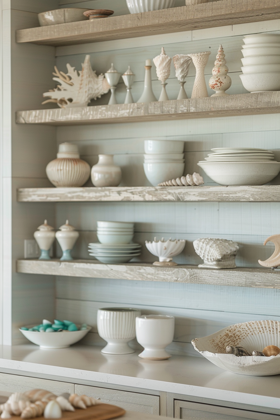 Open shelving with coastal displays