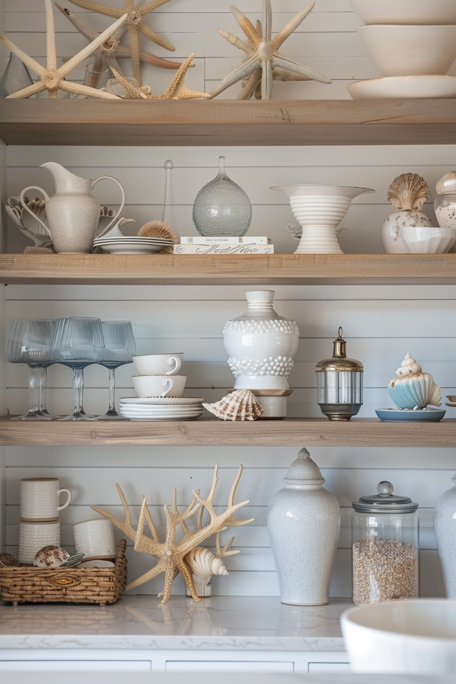 Open shelving with coastal displays