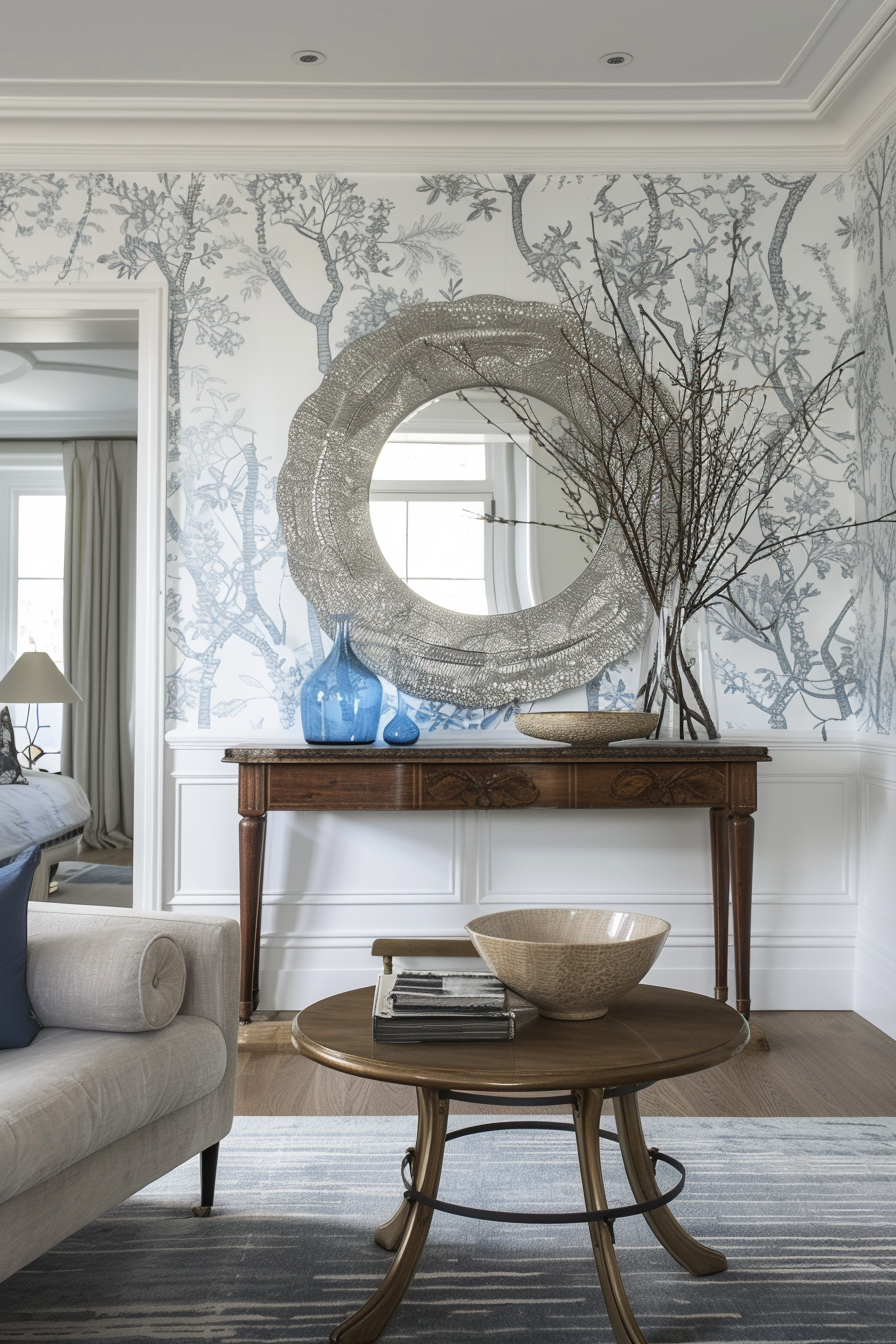 Reflective elements like large, round mirrors