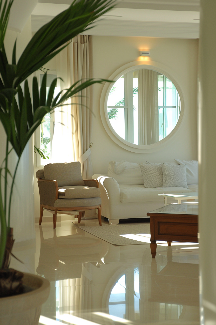 Reflective elements like large, round mirrors