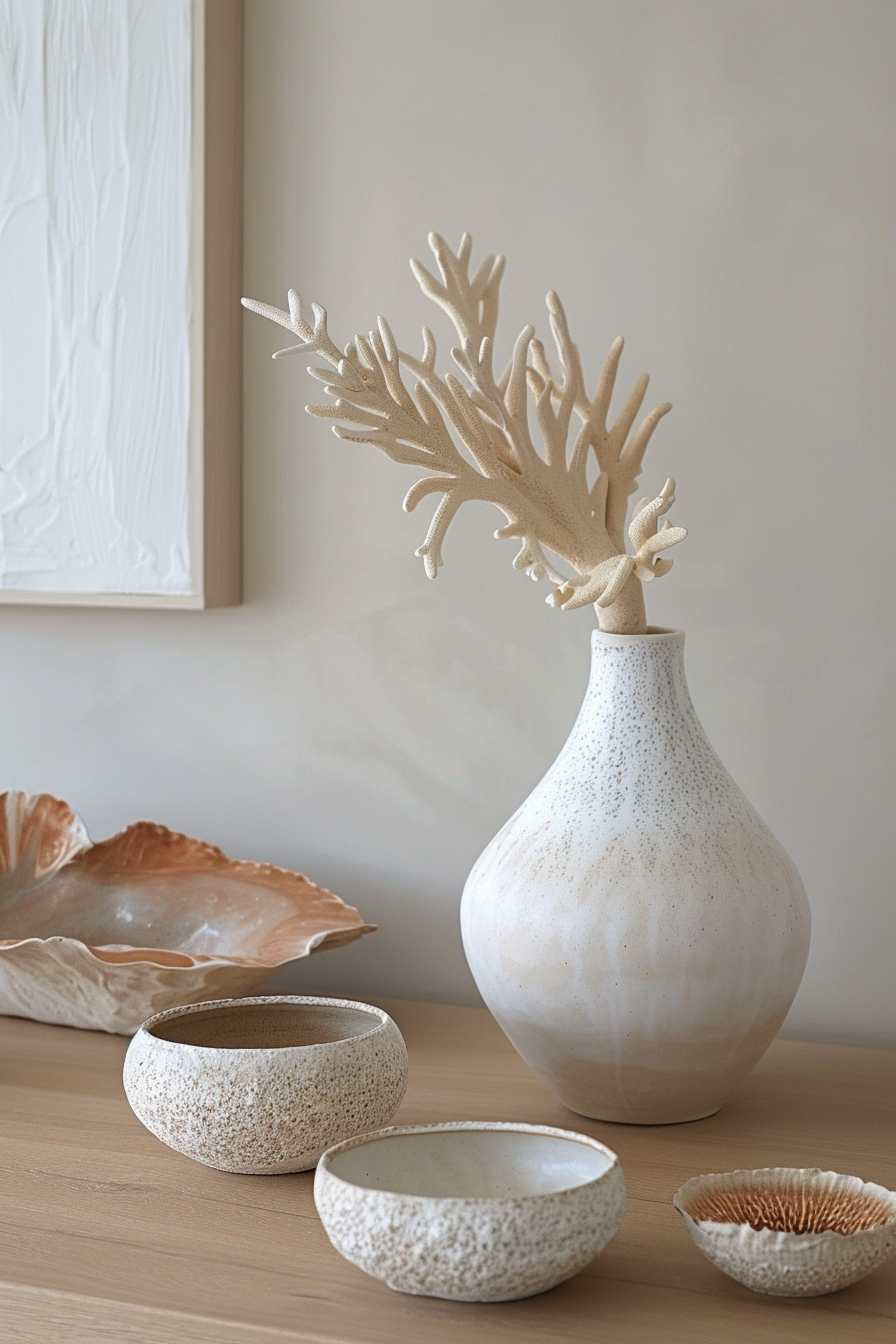 Minimalist coastal accessories like modern vases and ceramic bowls