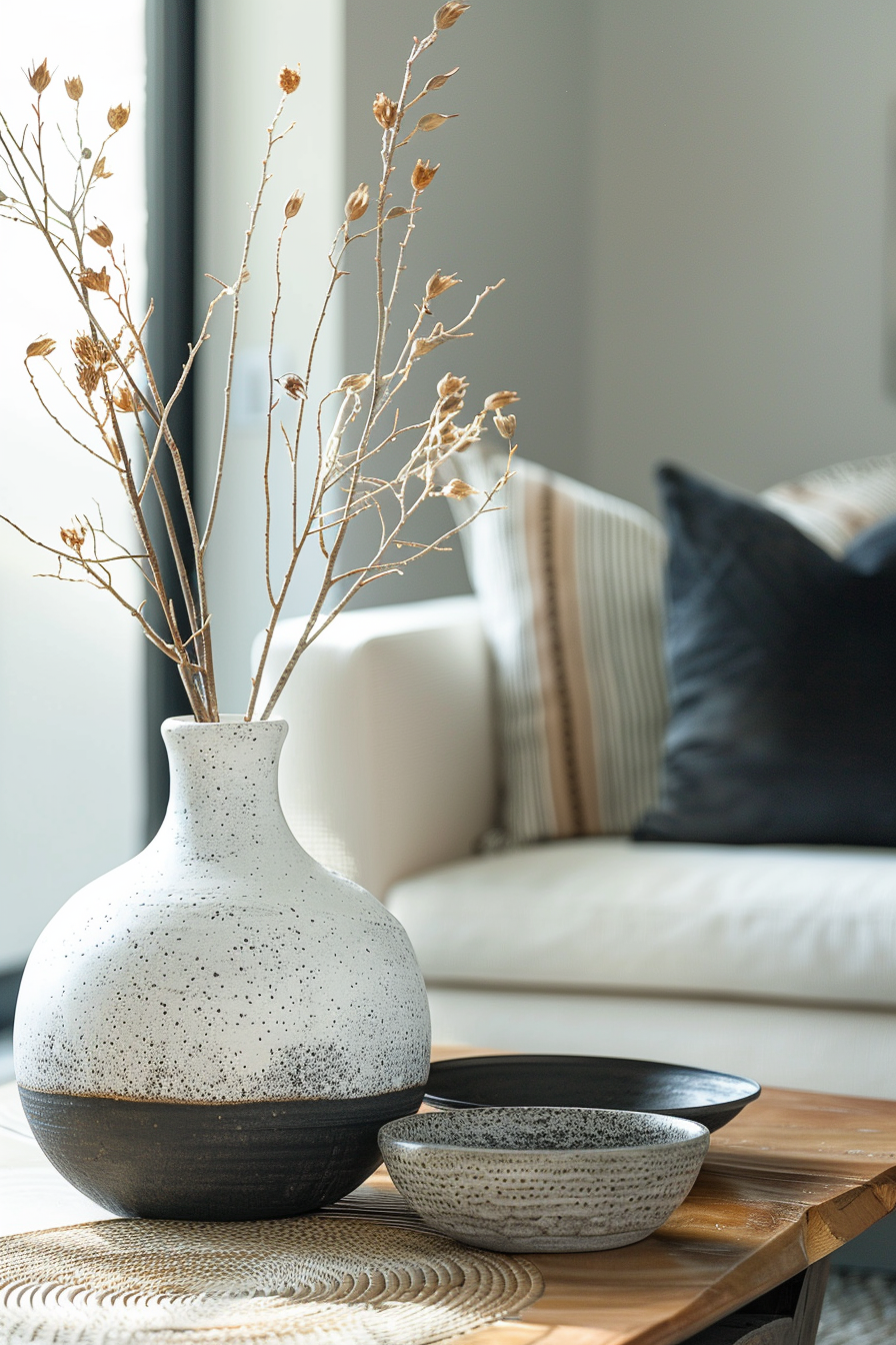 Minimalist coastal accessories like modern vases and ceramic bowls