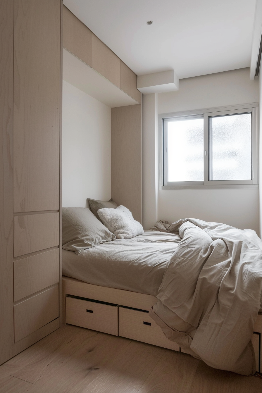 Cozy minimalist bedroom with built-in cabinetry and neutral tones