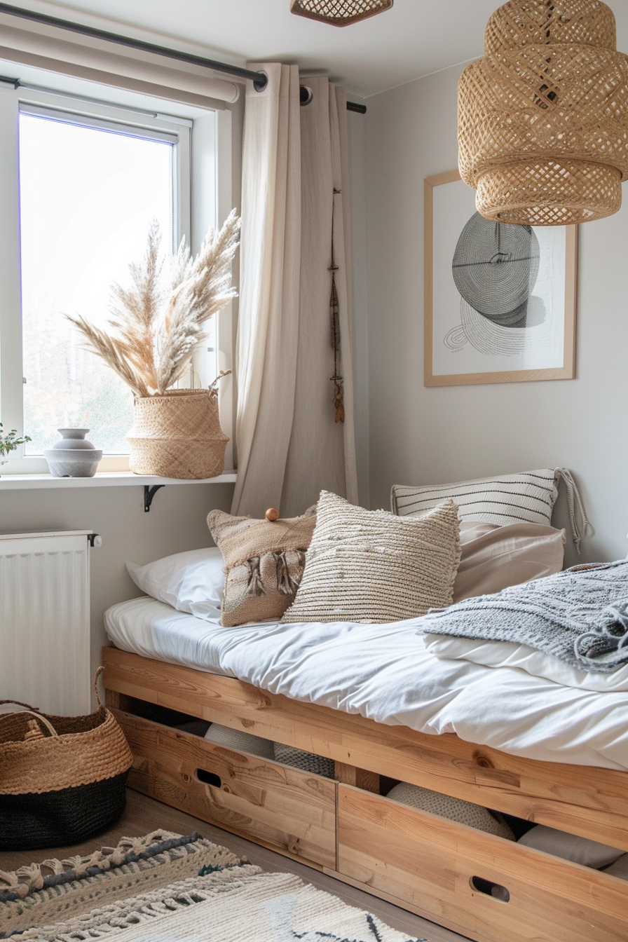 Bohemian bedroom with earthy tones and natural textures