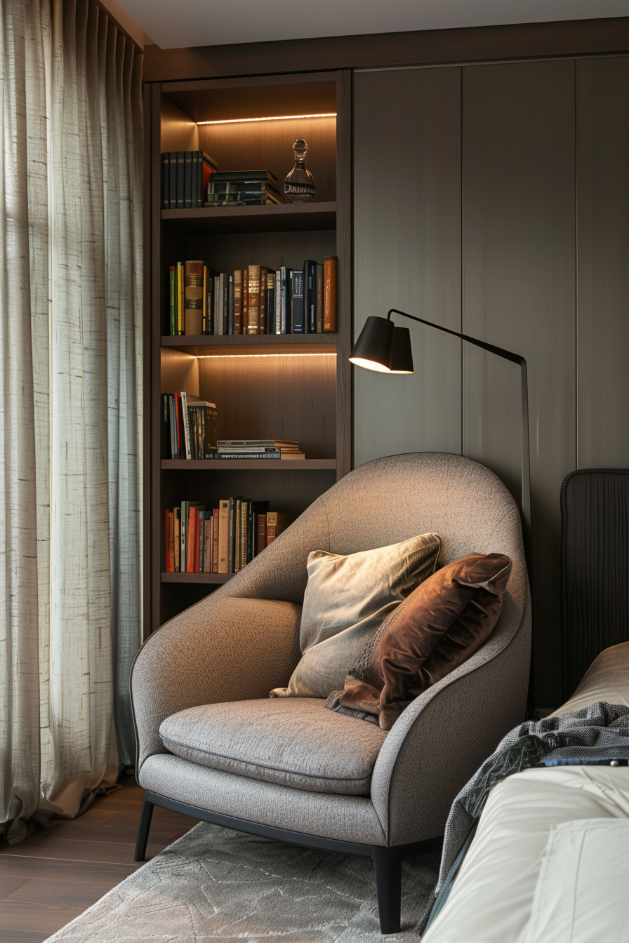 Sophisticated bedroom corner with built-in shelving and plush armchair