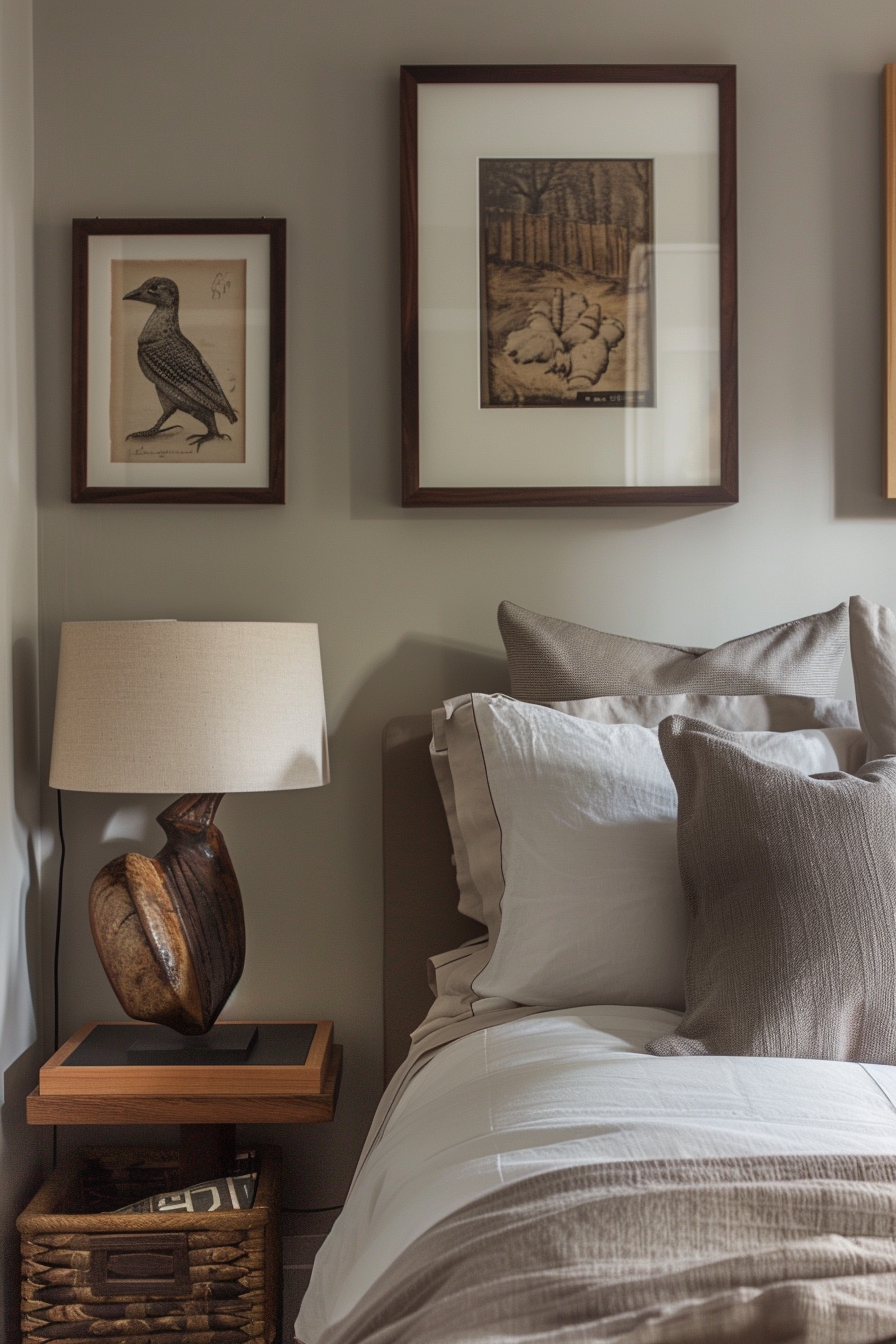 Timeless bedroom with neutral linens and framed artwork