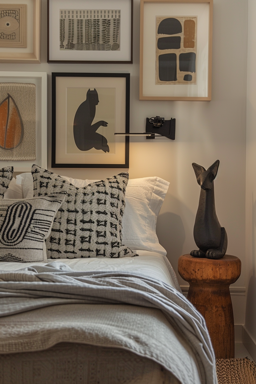 Eclectic bedroom with gallery wall and bold patterned pillows
