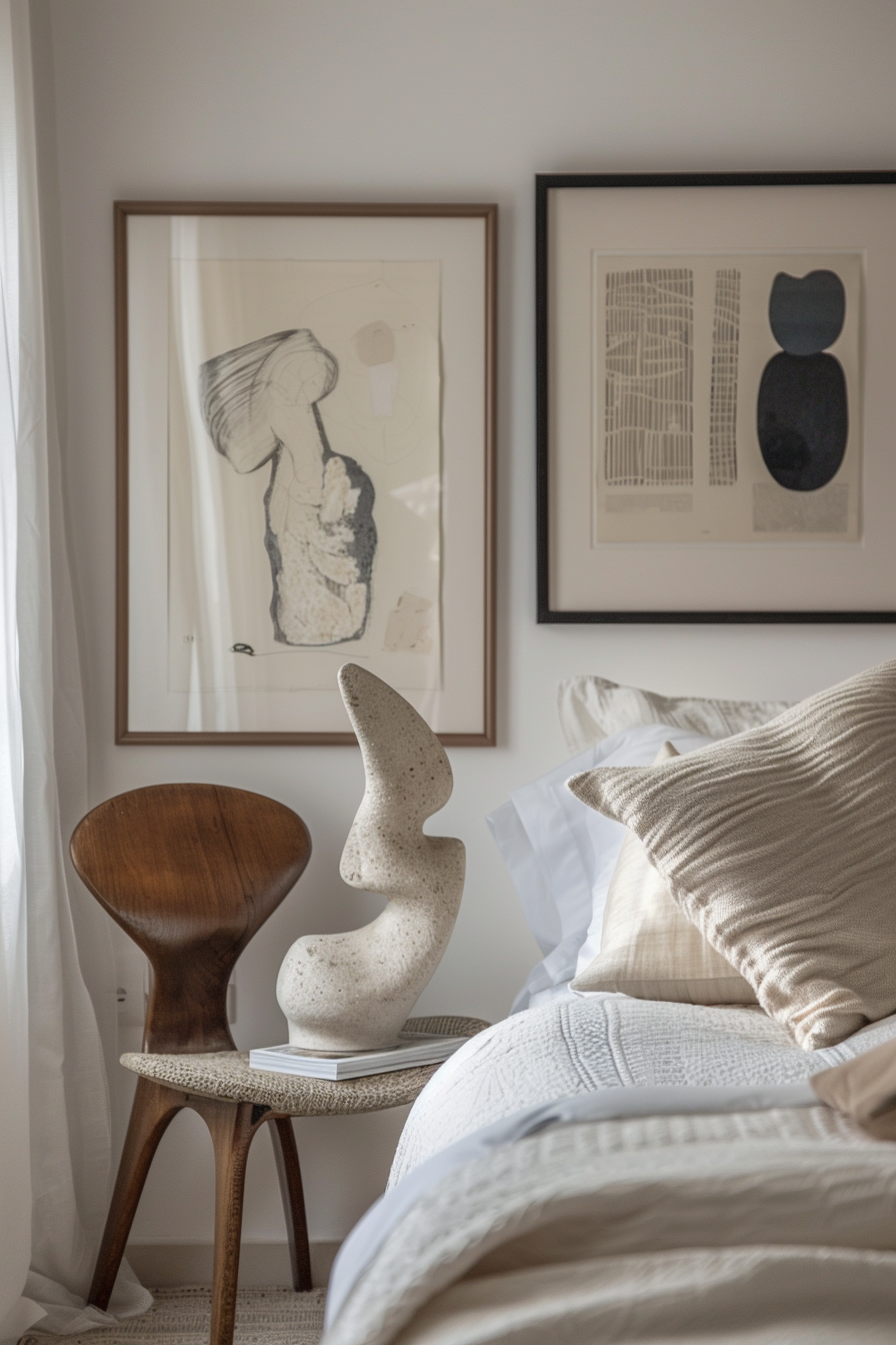 Serene bedroom with abstract wall art and sculptural decor
