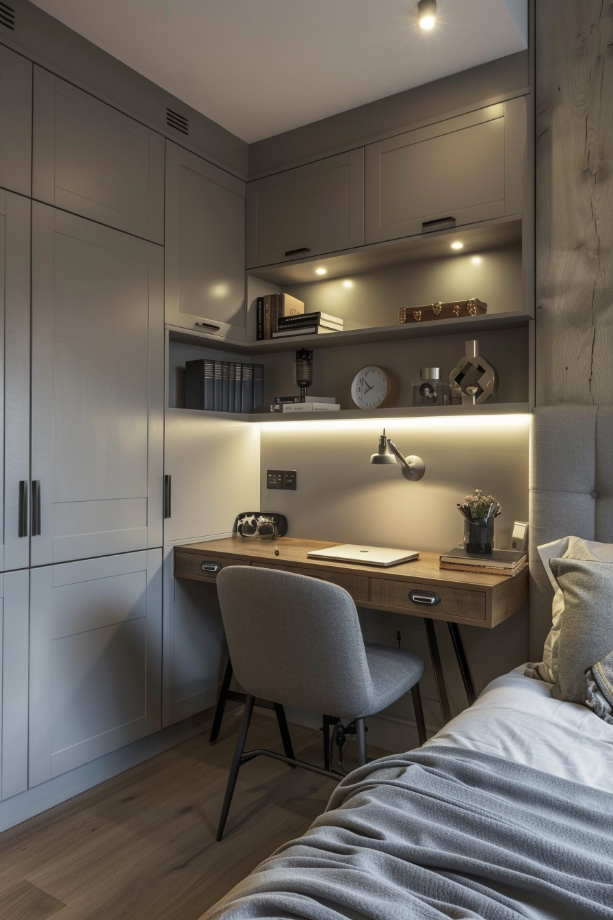 Modern bedroom with cozy workspace and grey cabinetry