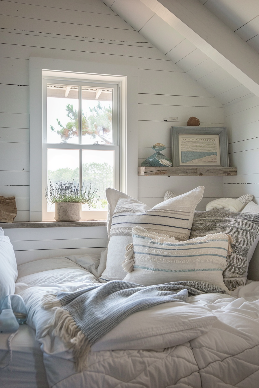 Coastal bedroom with white shiplap walls and blue accents