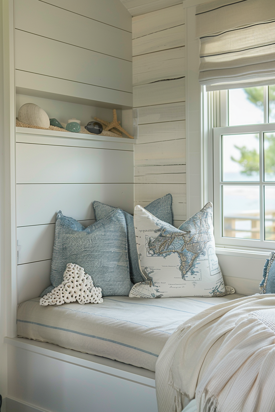 Nautical-inspired bedroom nook with blue and white pillows