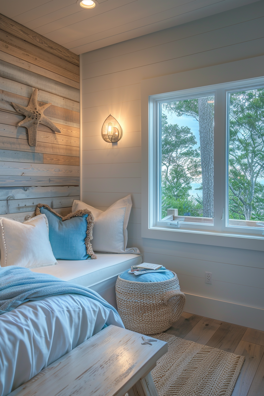 Coastal bedroom with wooden accent wall and starfish decor
