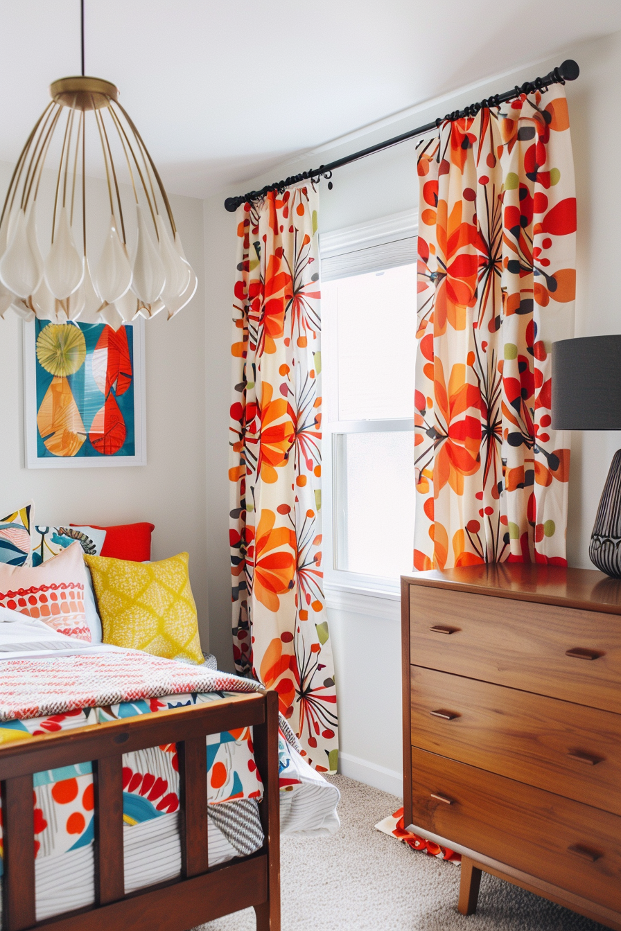 Retro bedroom with bold floral curtains and colorful bedding