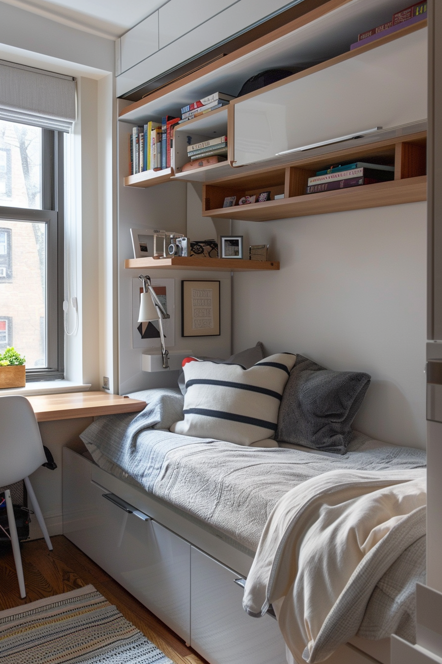Charming bedroom nook with a small desk and built-in shelves