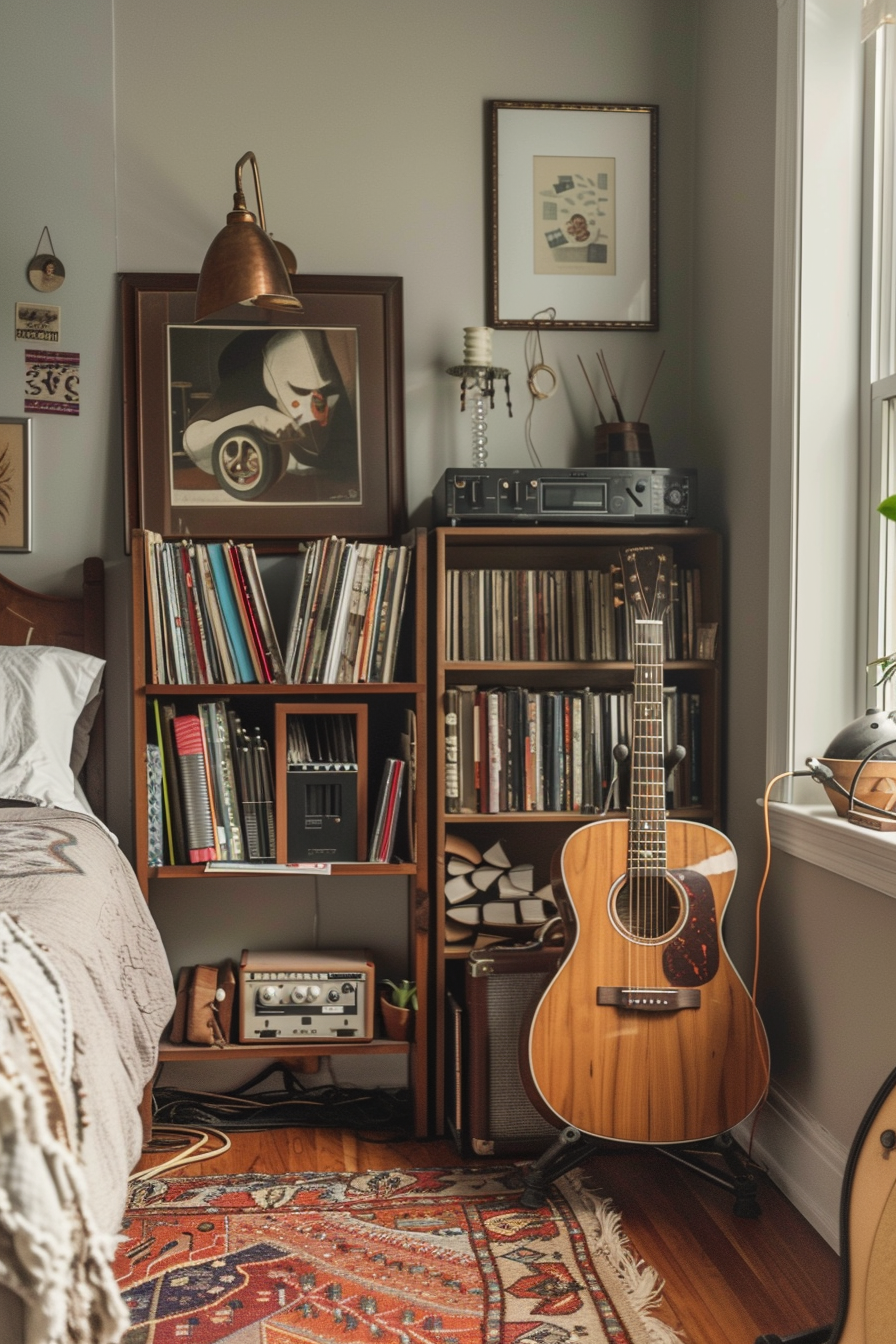 Bedroom with vinyl records and a classic guitar on display