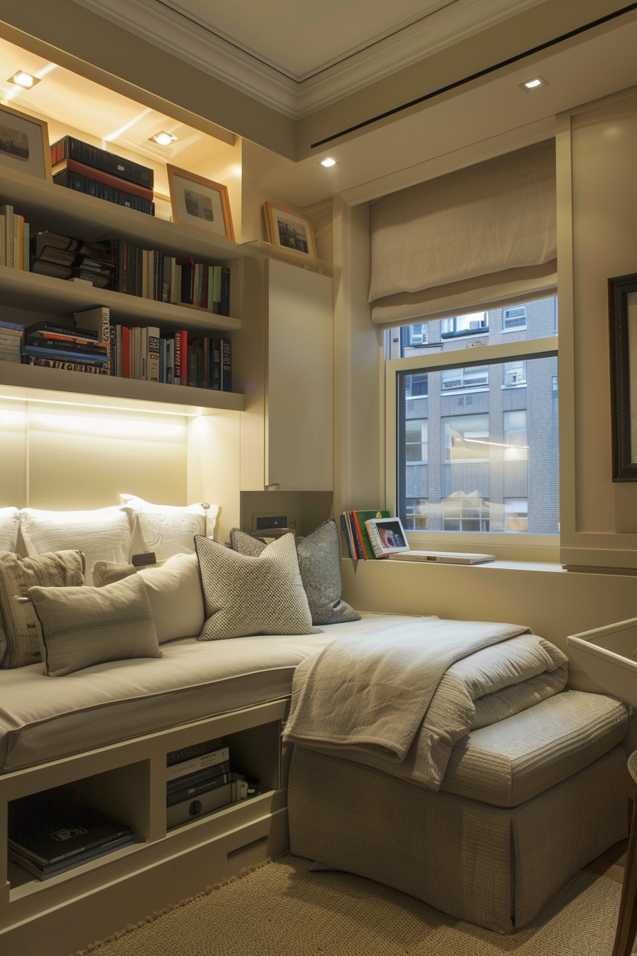 Urban bedroom with built-in shelves and soft lighting