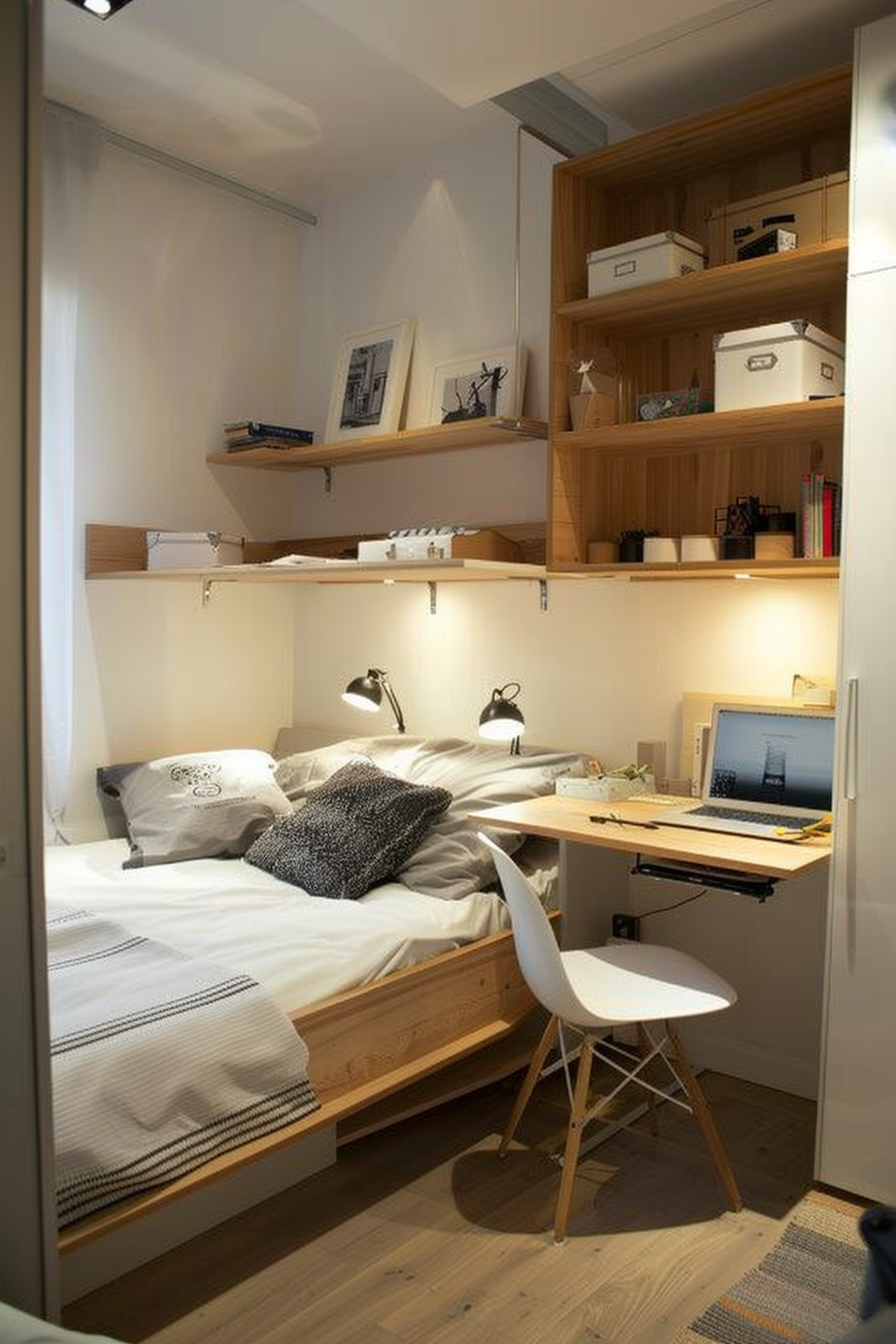 Compact bedroom with wooden shelves and desk