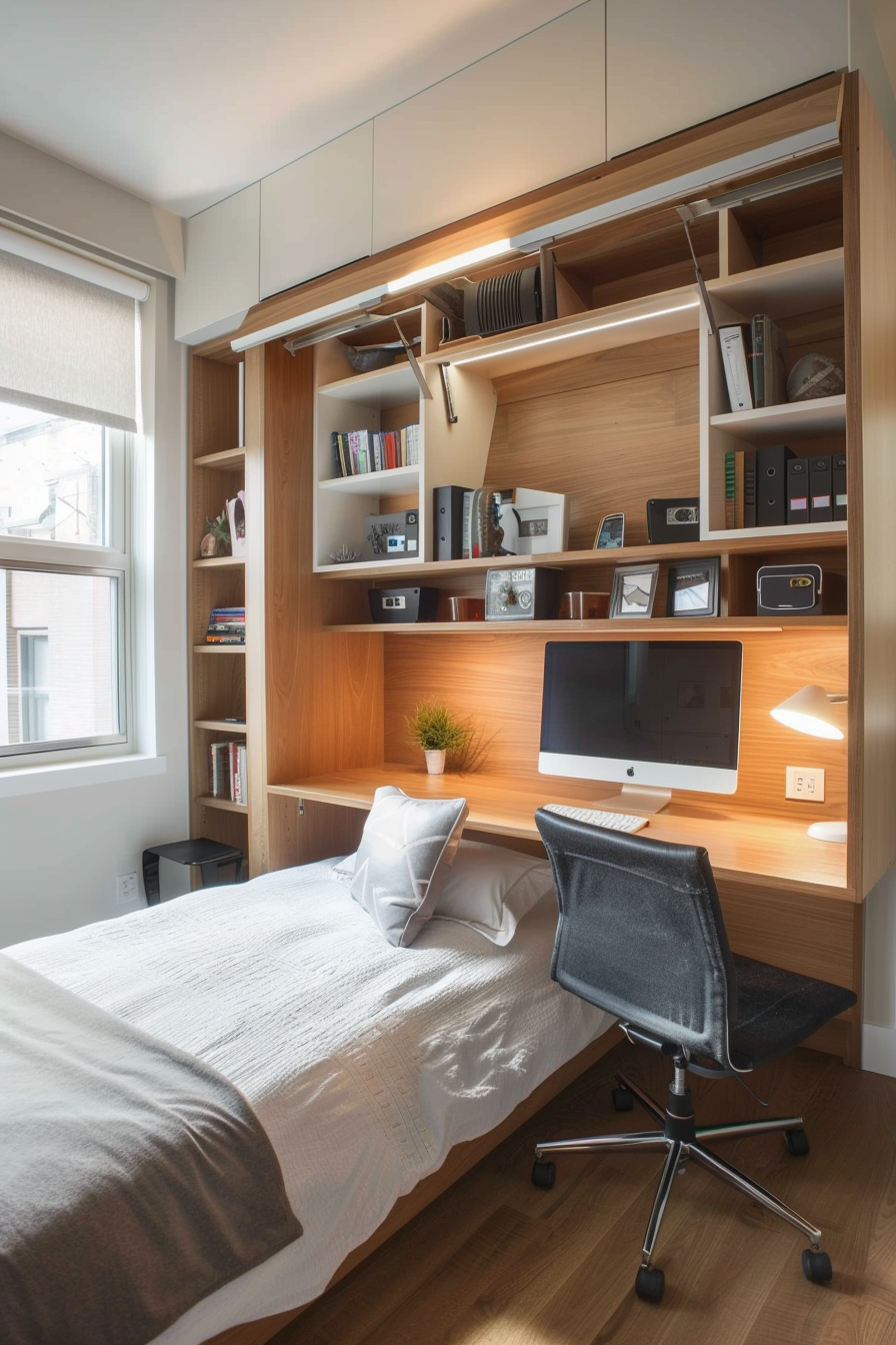 Sleek bedroom with built-in shelves and desk