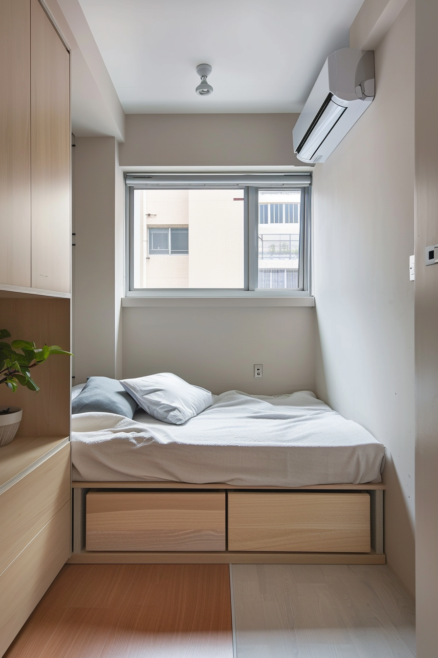 Serene minimalist bedroom with built-in storage