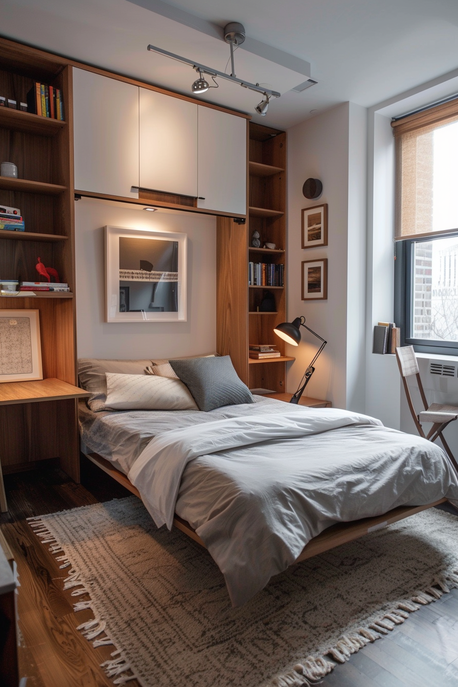 Sophisticated bedroom with rich wooden tones and white cabinetry