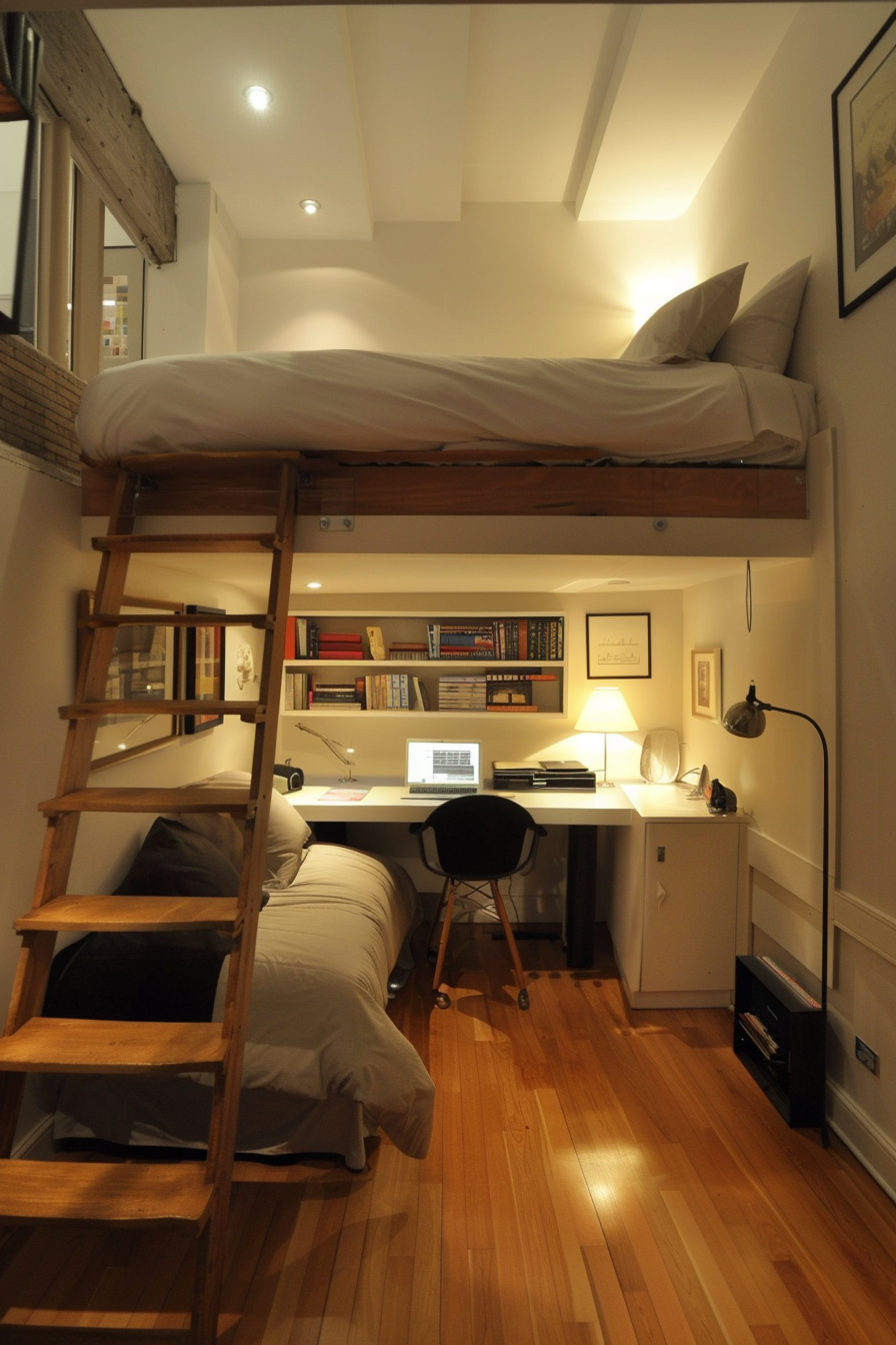 Bedroom loft with a raised bed and functional workspace