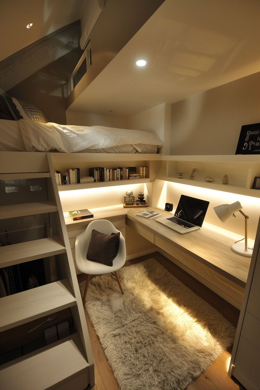 Elevated bedroom workspace with a lofted bed and sleek desk