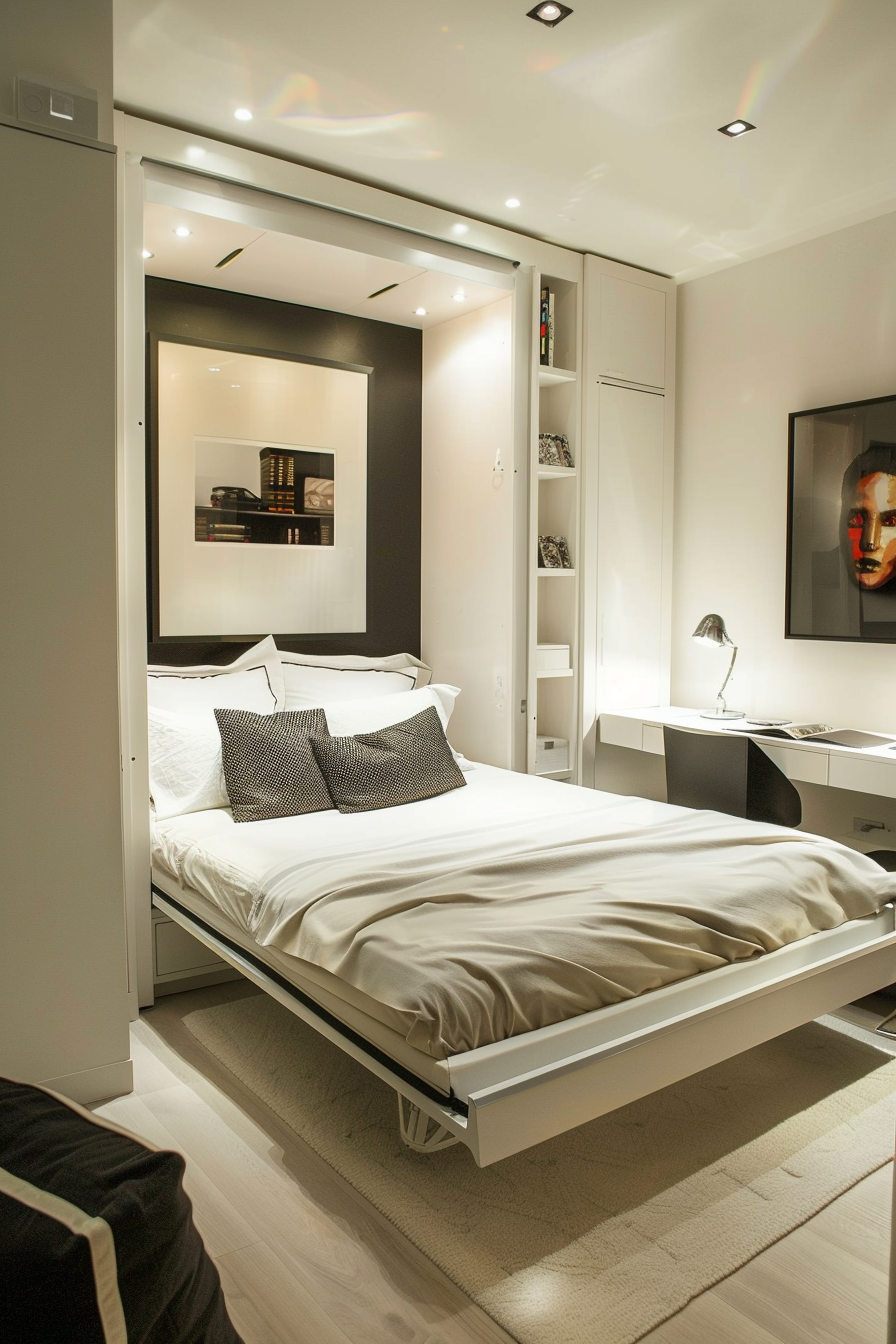 Chic bedroom with a fold-down bed and minimalist desk