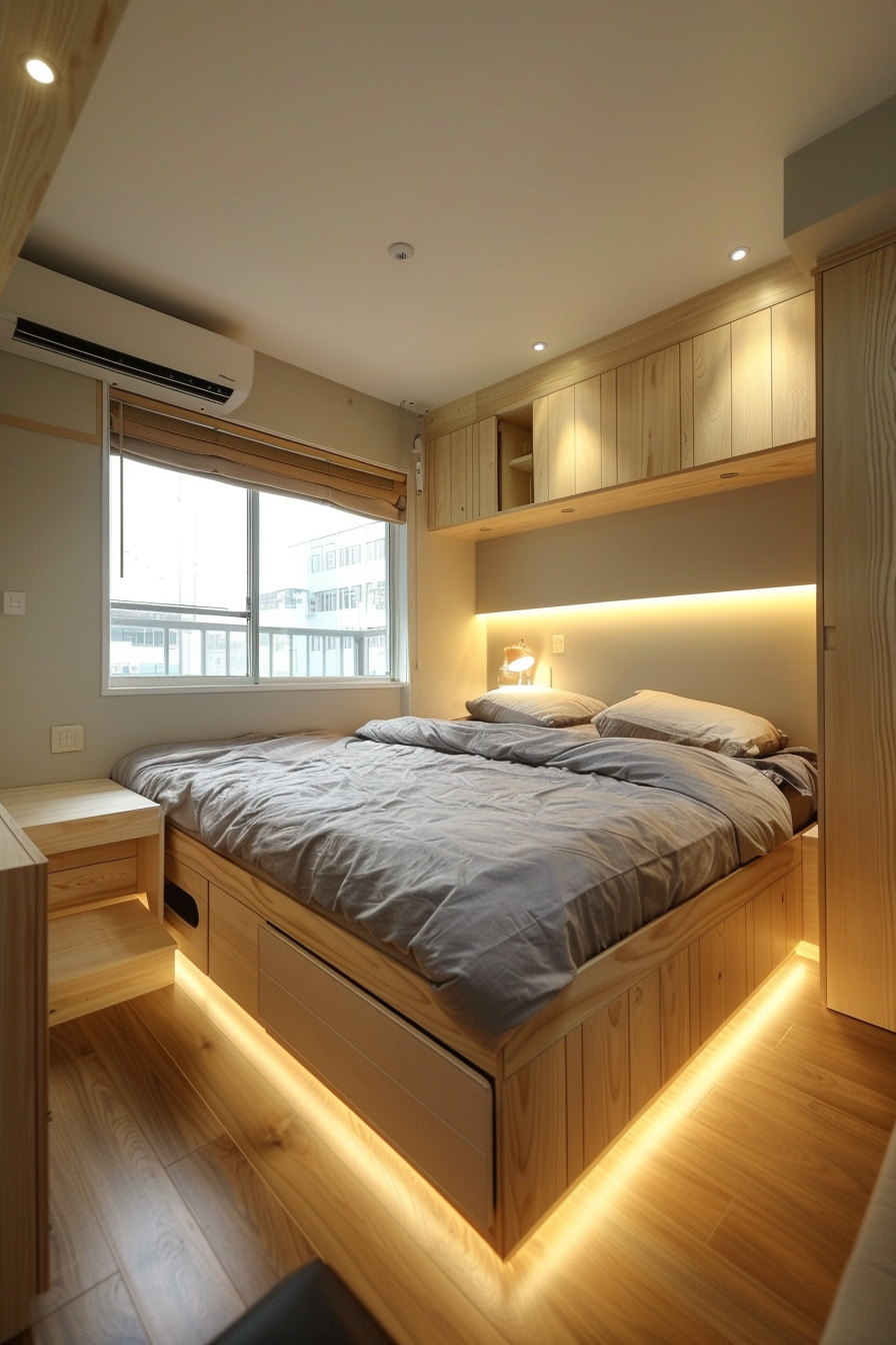 Inviting bedroom with natural wood tones and under-bed storage