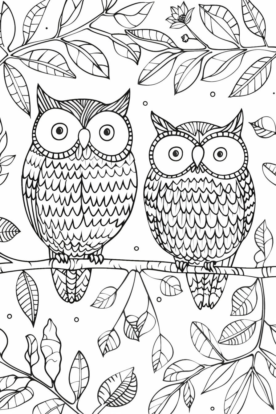 Joyful owls on a branch