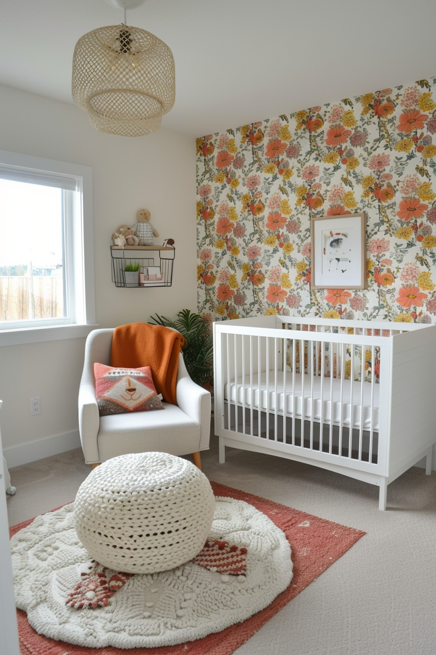 Nursery with a bold accent wall featuring colorful wallpaper