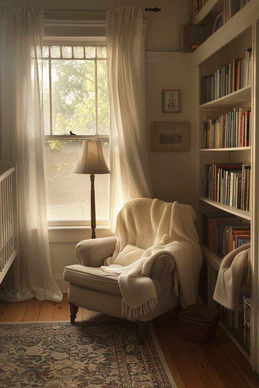 Nursery with a cozy reading nook featuring a comfy chair and shelves filled with books