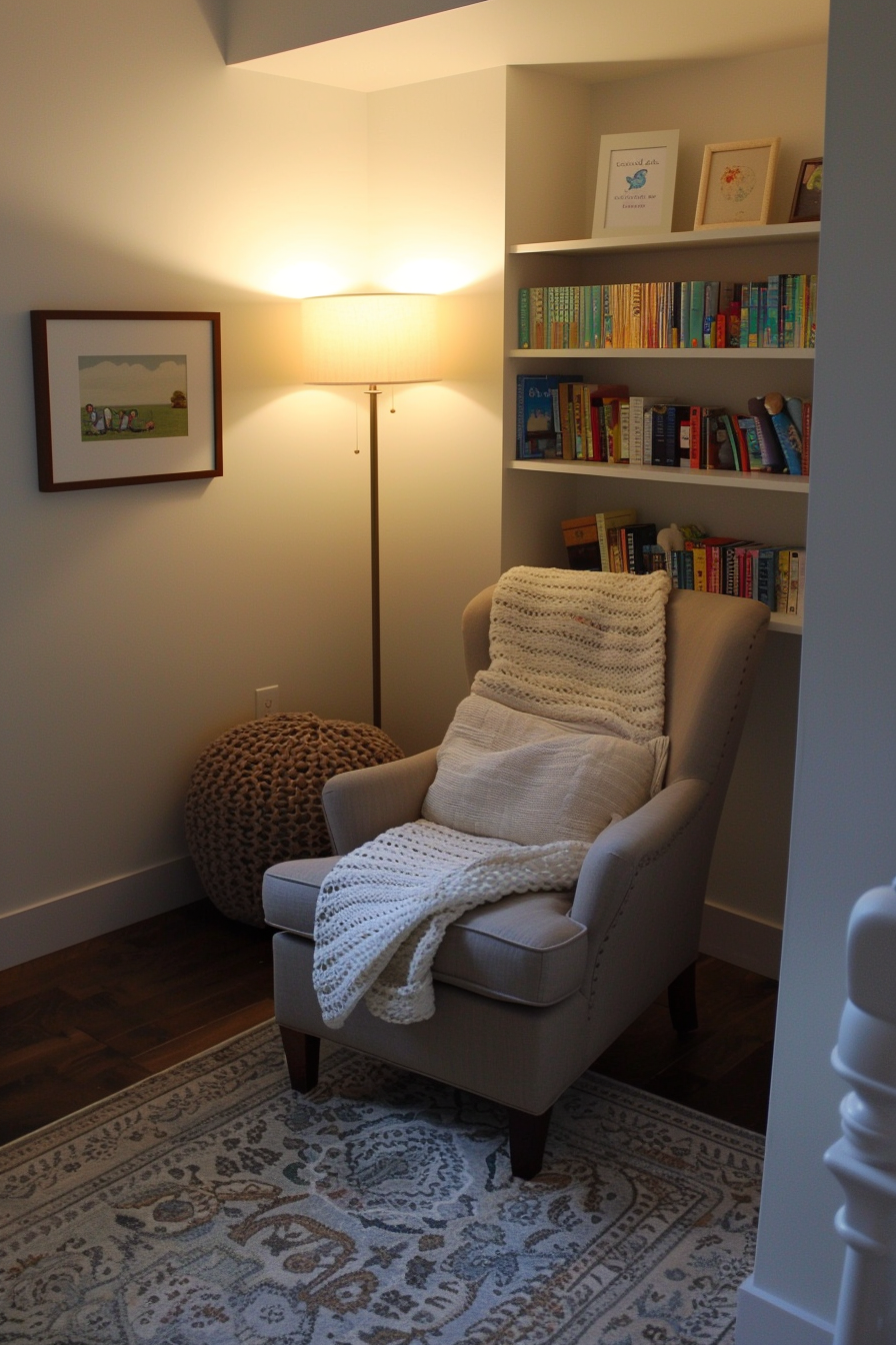 Nursery with a cozy reading nook featuring a comfy chair and shelves filled with books