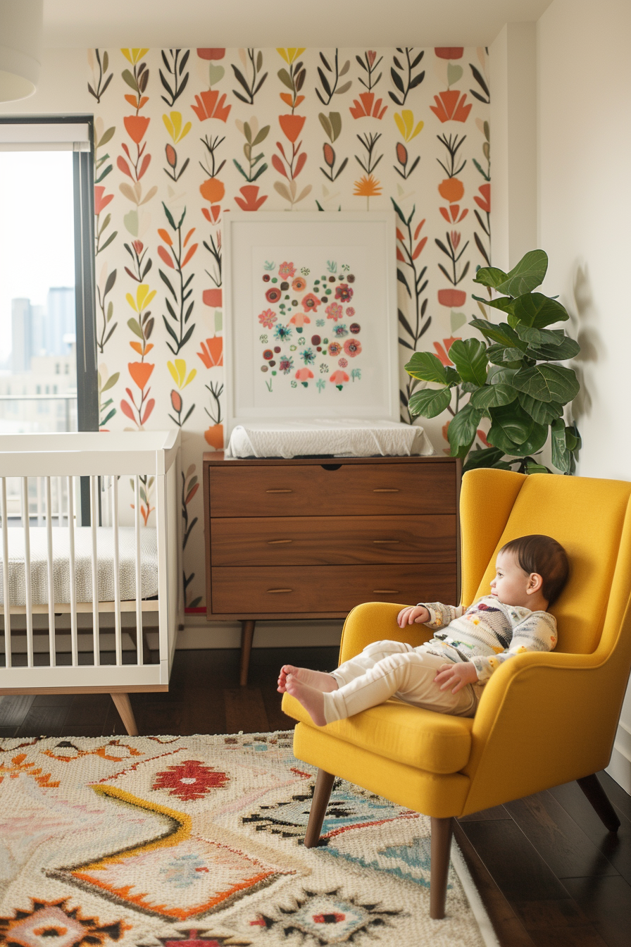 Nursery with unique artistic wallpaper featuring abstract patterns
