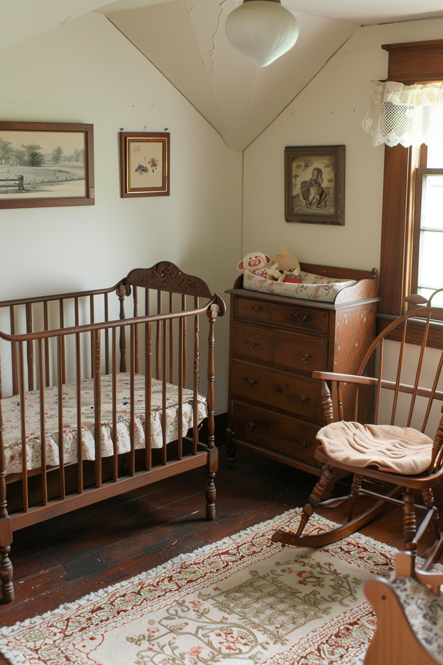Vintage-themed nursery with antique furniture and decor