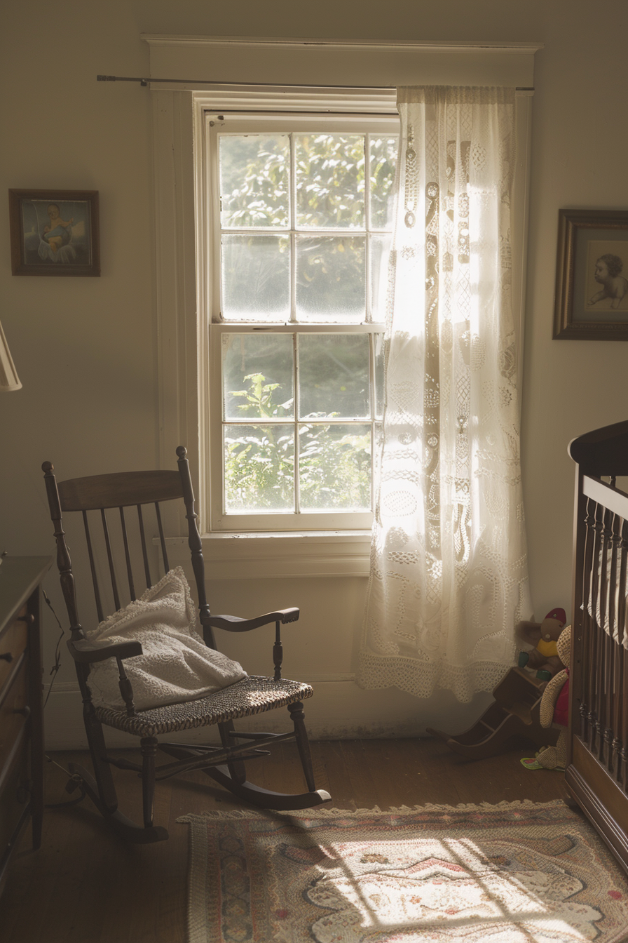 Vintage-themed nursery with antique furniture and decor