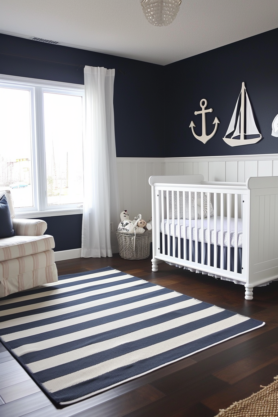 Nautical-themed nursery with navy blue walls and nautical elements