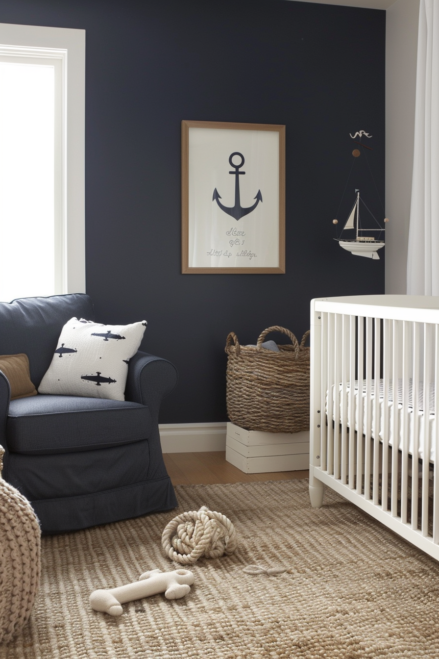 Nautical-themed nursery with navy blue walls and nautical elements