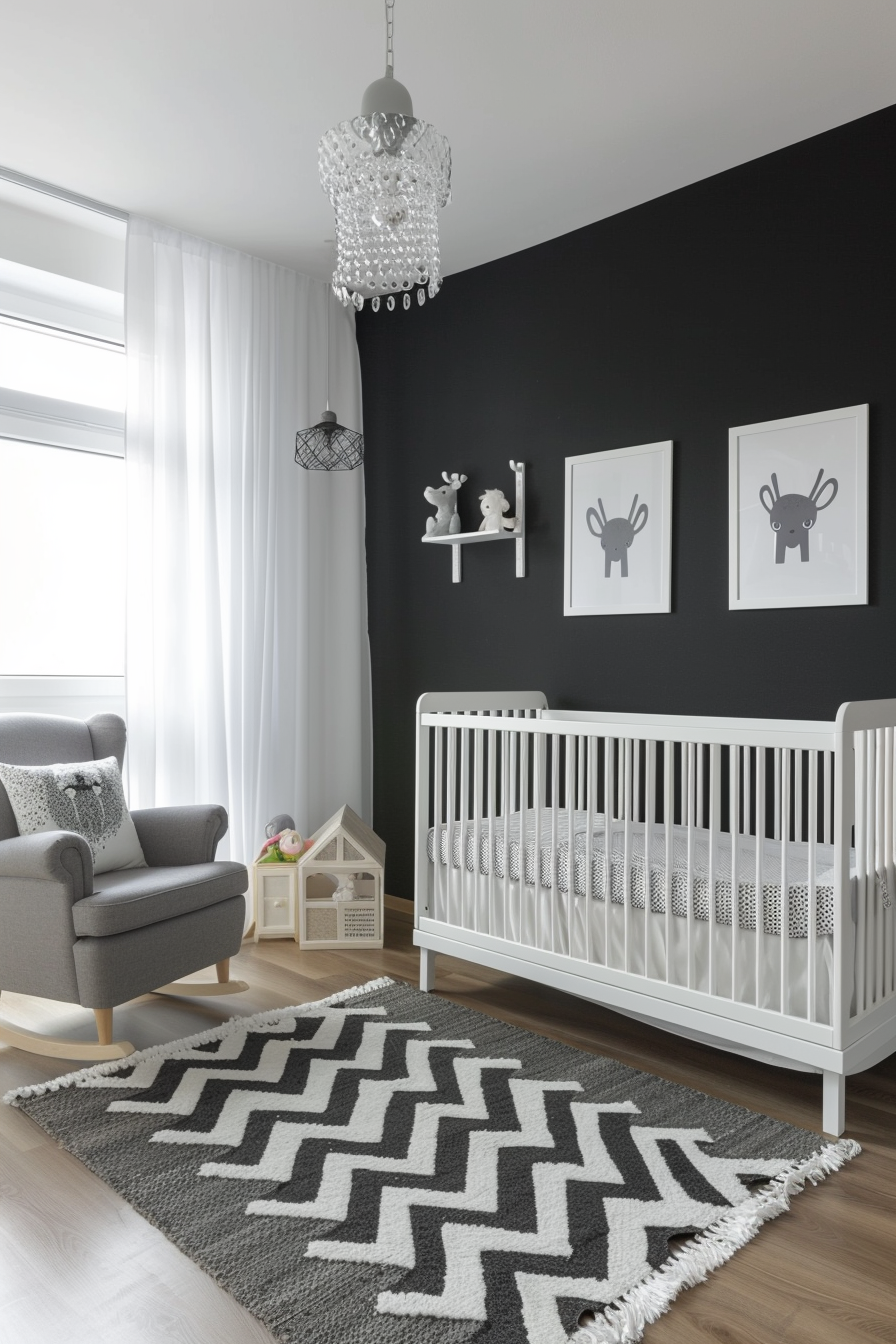 Monochrome nursery with black, white, and gray decor