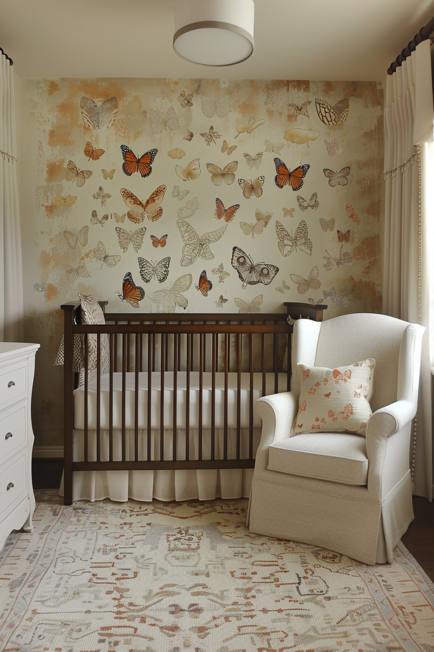 Butterfly-themed nursery with butterfly wall decals and decor