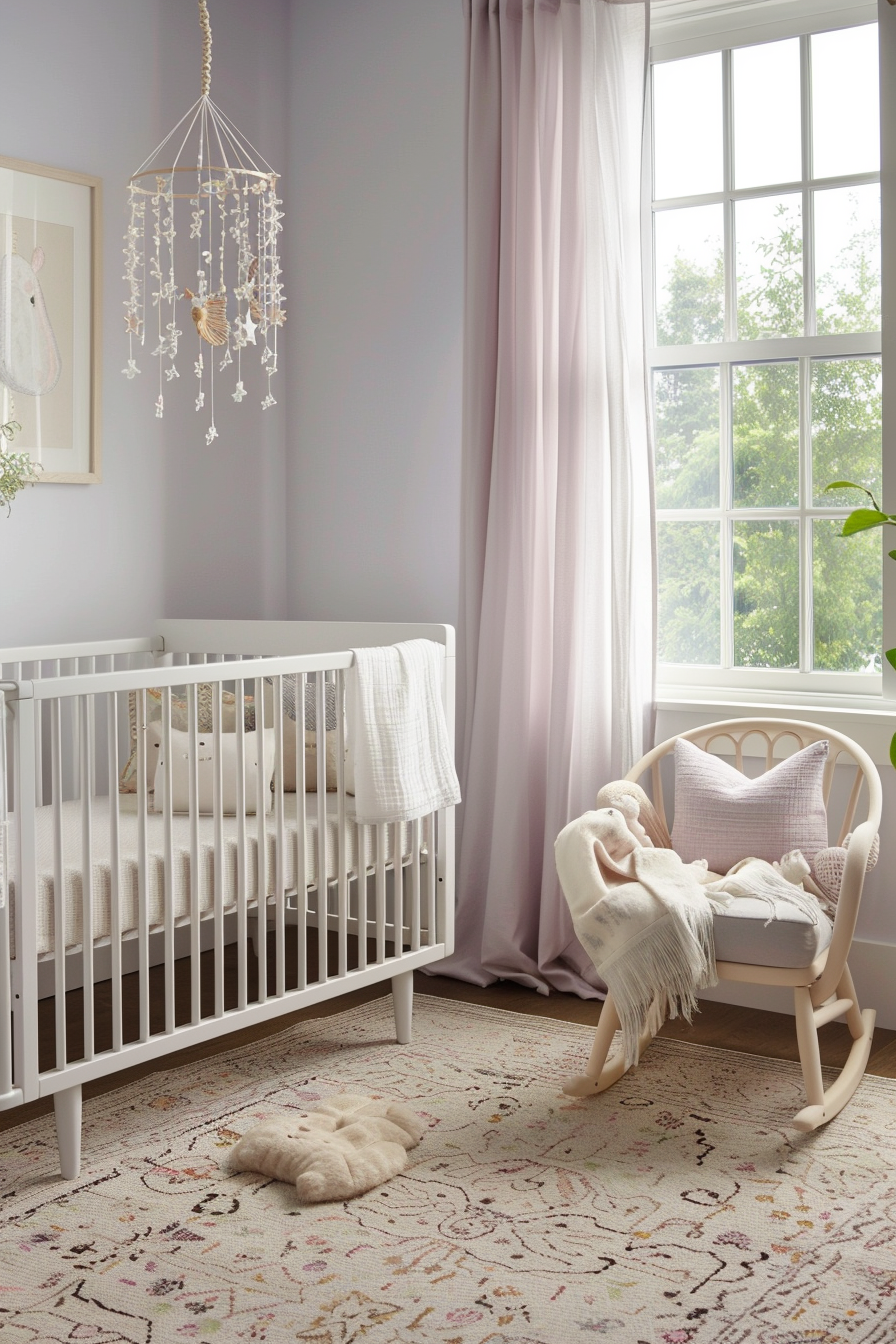 Soft pastel-toned nursery with blush pink walls and white furniture