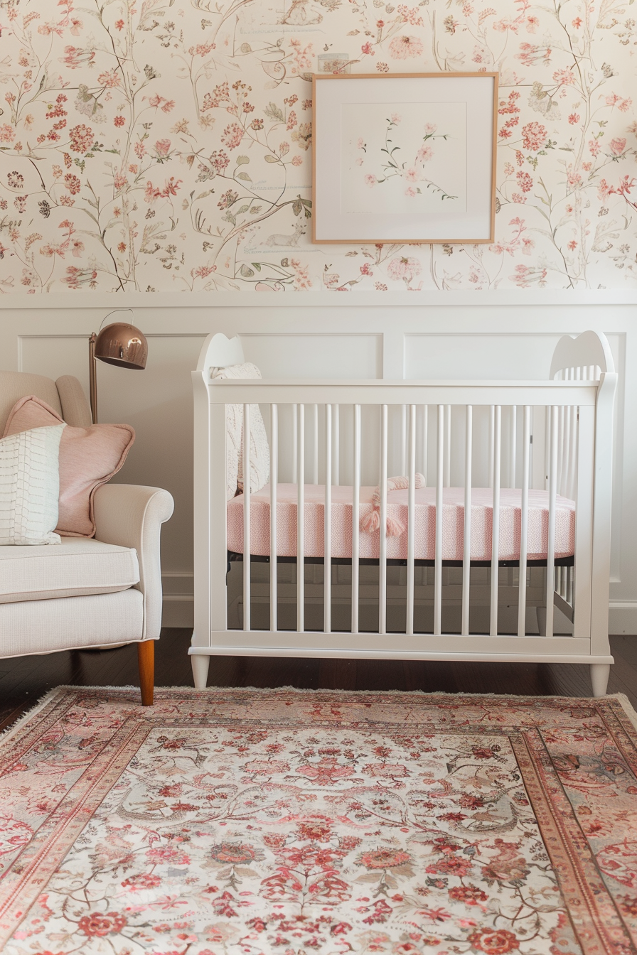 Nursery with floral wallpaper and matching bedding