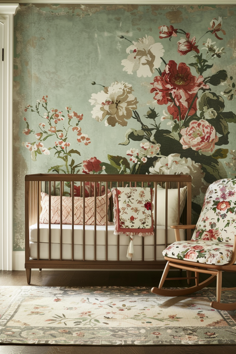 Nursery with floral wallpaper and matching bedding