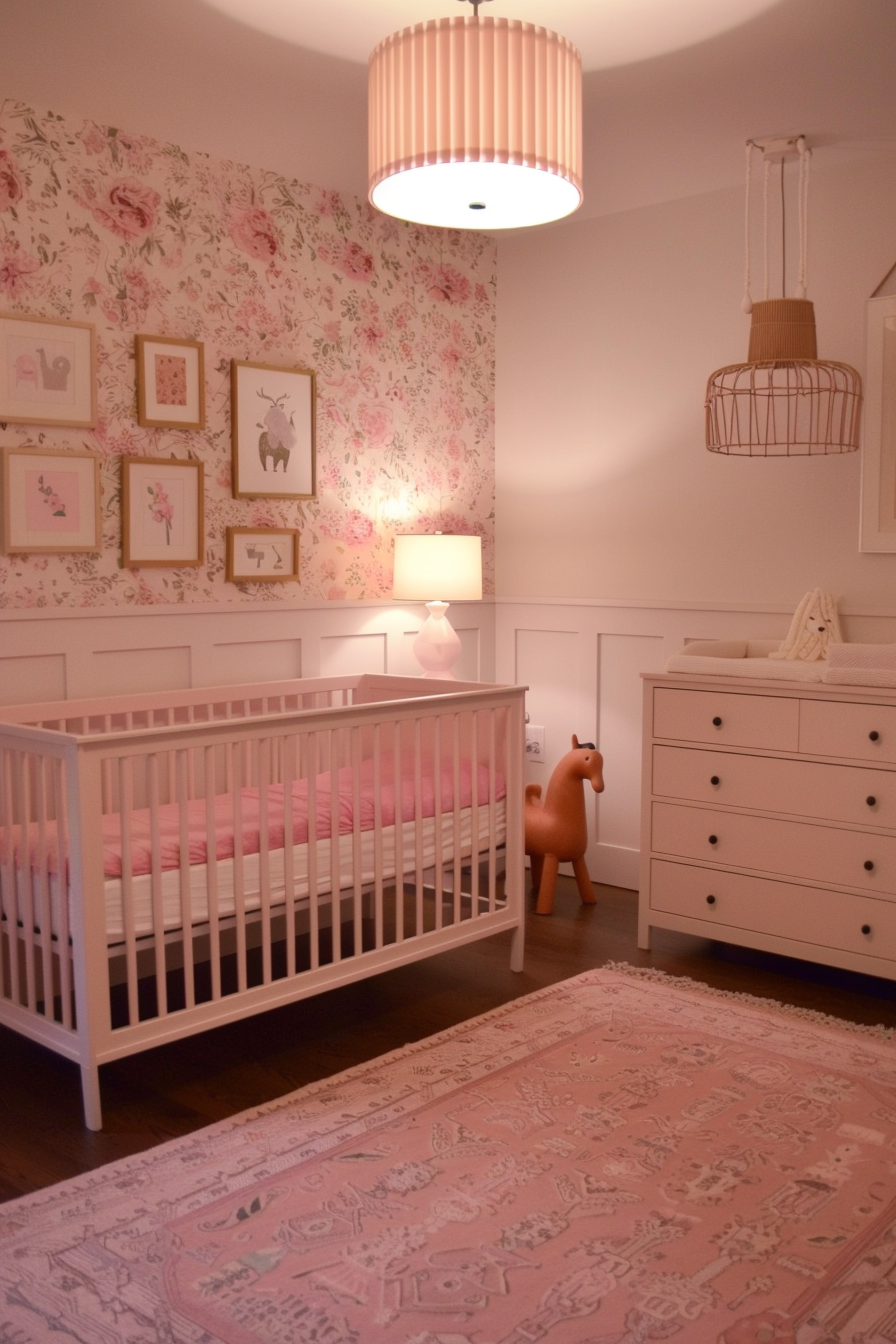 All-pink nursery with pink walls, furniture, and decor