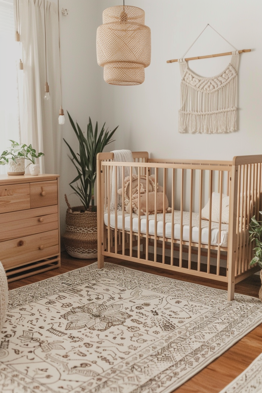 Boho-themed nursery with macramé, wicker baskets, and earthy tones