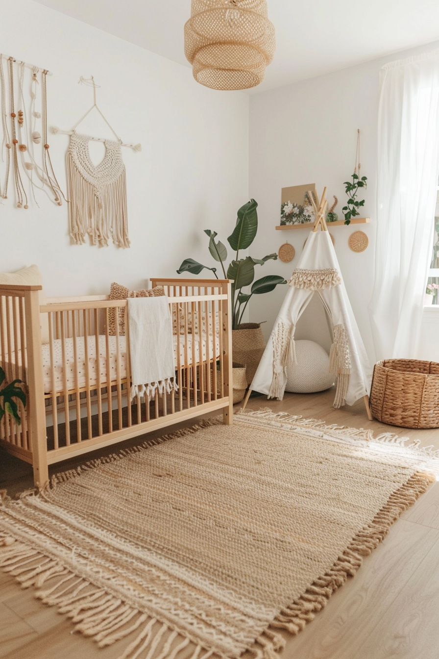 Boho-themed nursery with macramé, wicker baskets, and earthy tones